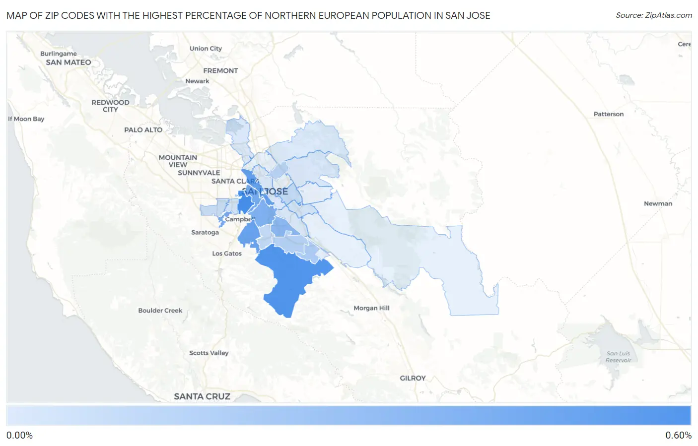 Zip Codes with the Highest Percentage of Northern European Population in San Jose Map