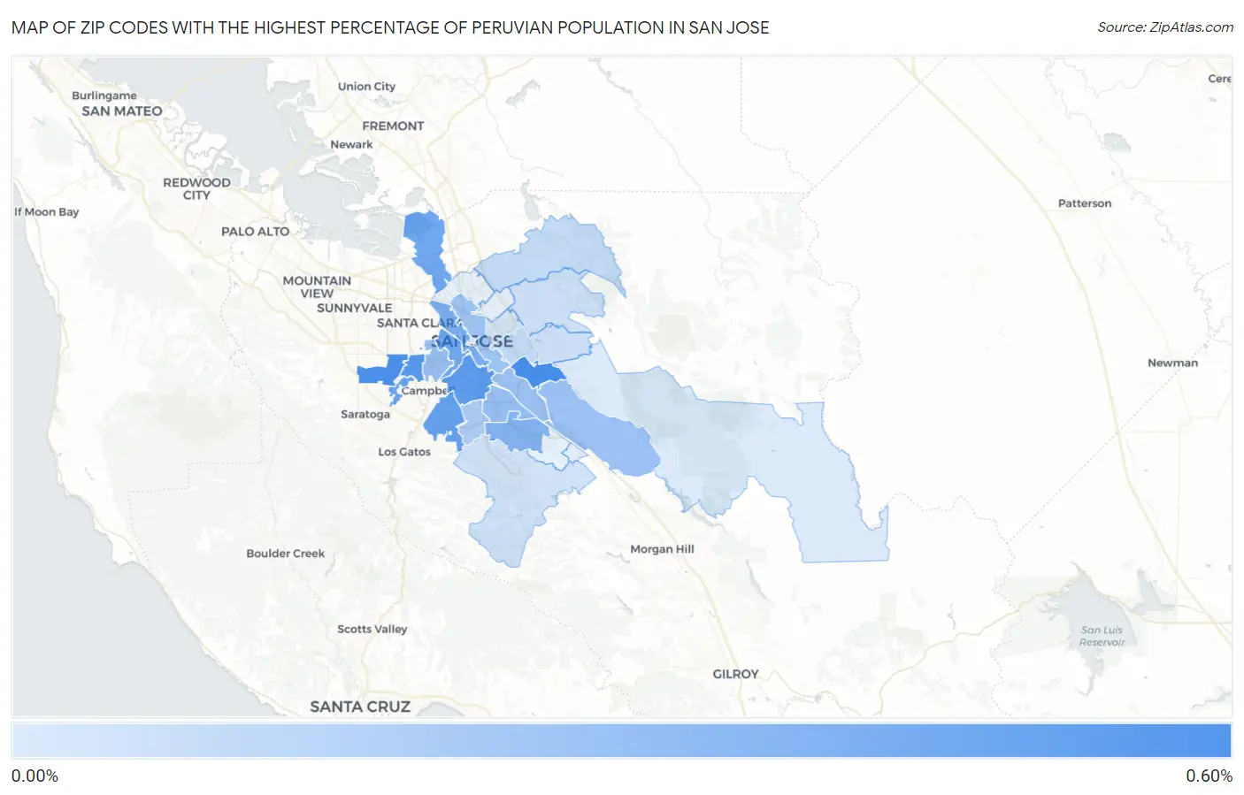 Zip Codes with the Highest Percentage of Peruvian Population in San Jose Map