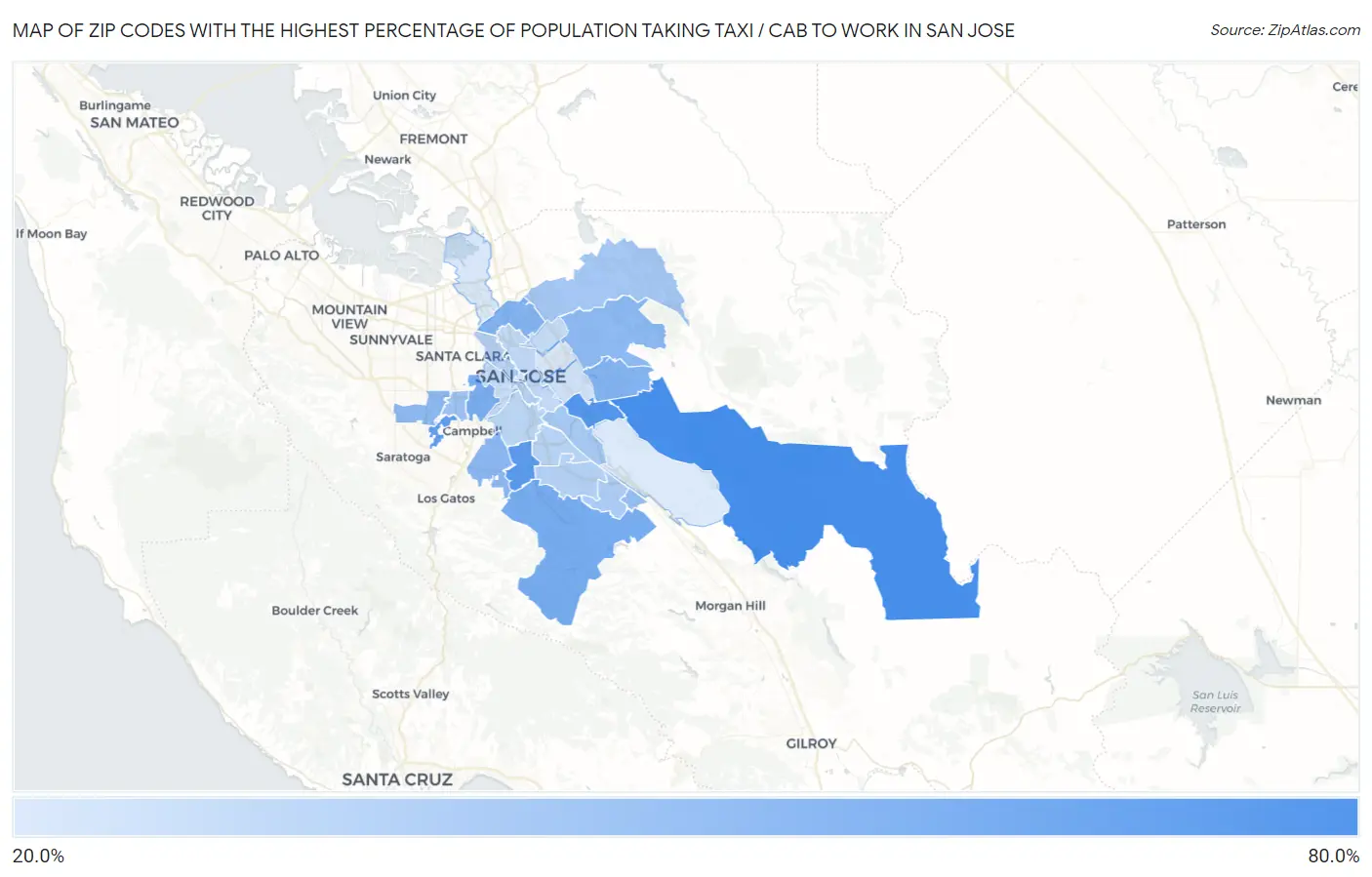 Zip Codes with the Highest Percentage of Population Taking Taxi / Cab to Work in San Jose Map