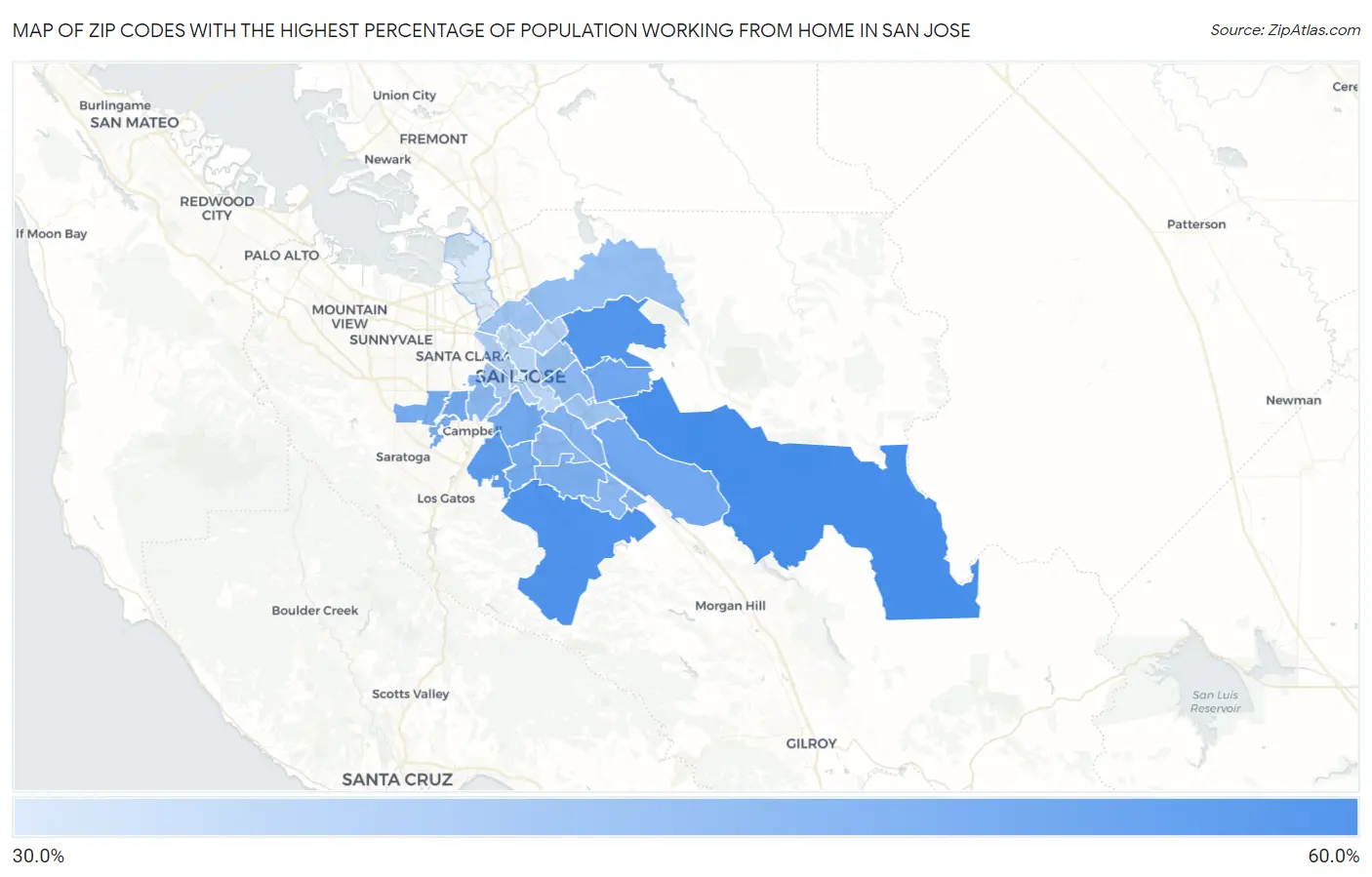 Zip Codes with the Highest Percentage of Population Working from Home in San Jose Map