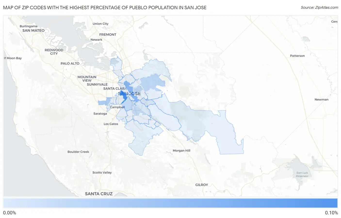 Zip Codes with the Highest Percentage of Pueblo Population in San Jose Map