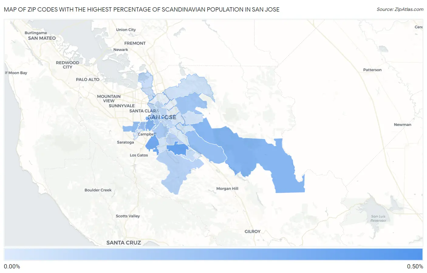 Zip Codes with the Highest Percentage of Scandinavian Population in San Jose Map