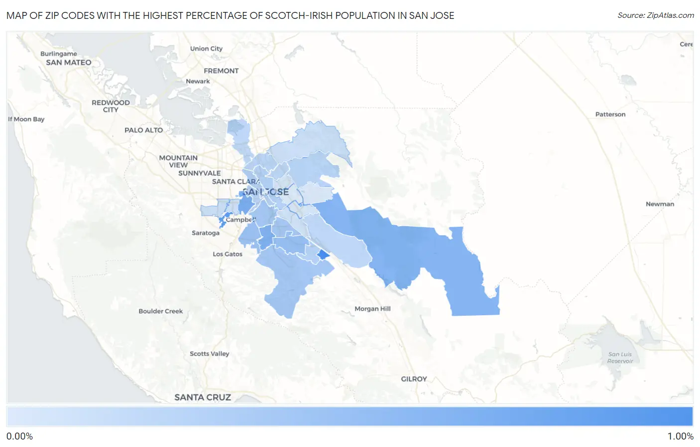 Zip Codes with the Highest Percentage of Scotch-Irish Population in San Jose Map