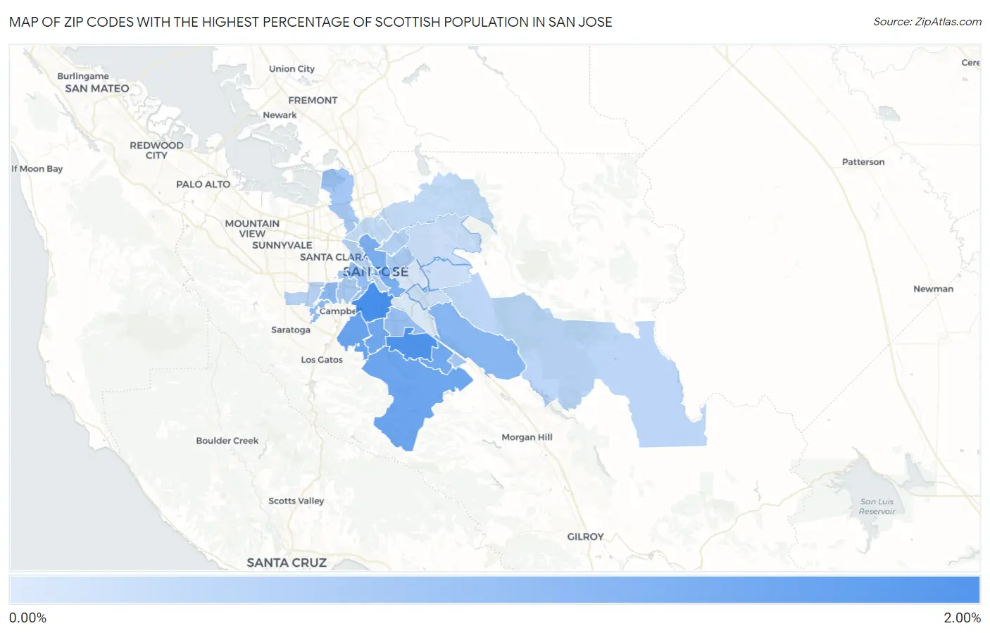 Zip Codes with the Highest Percentage of Scottish Population in San Jose Map