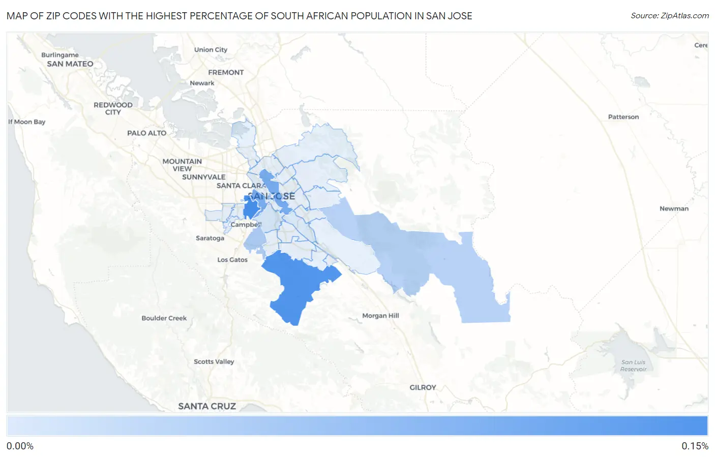 Zip Codes with the Highest Percentage of South African Population in San Jose Map