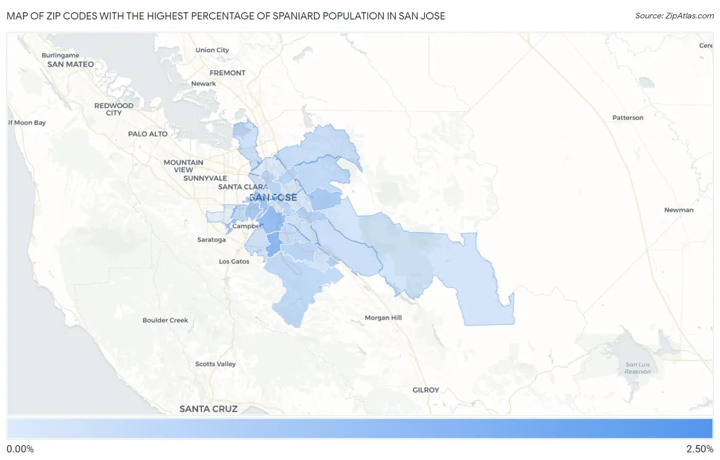 Zip Codes with the Highest Percentage of Spaniard Population in San Jose Map