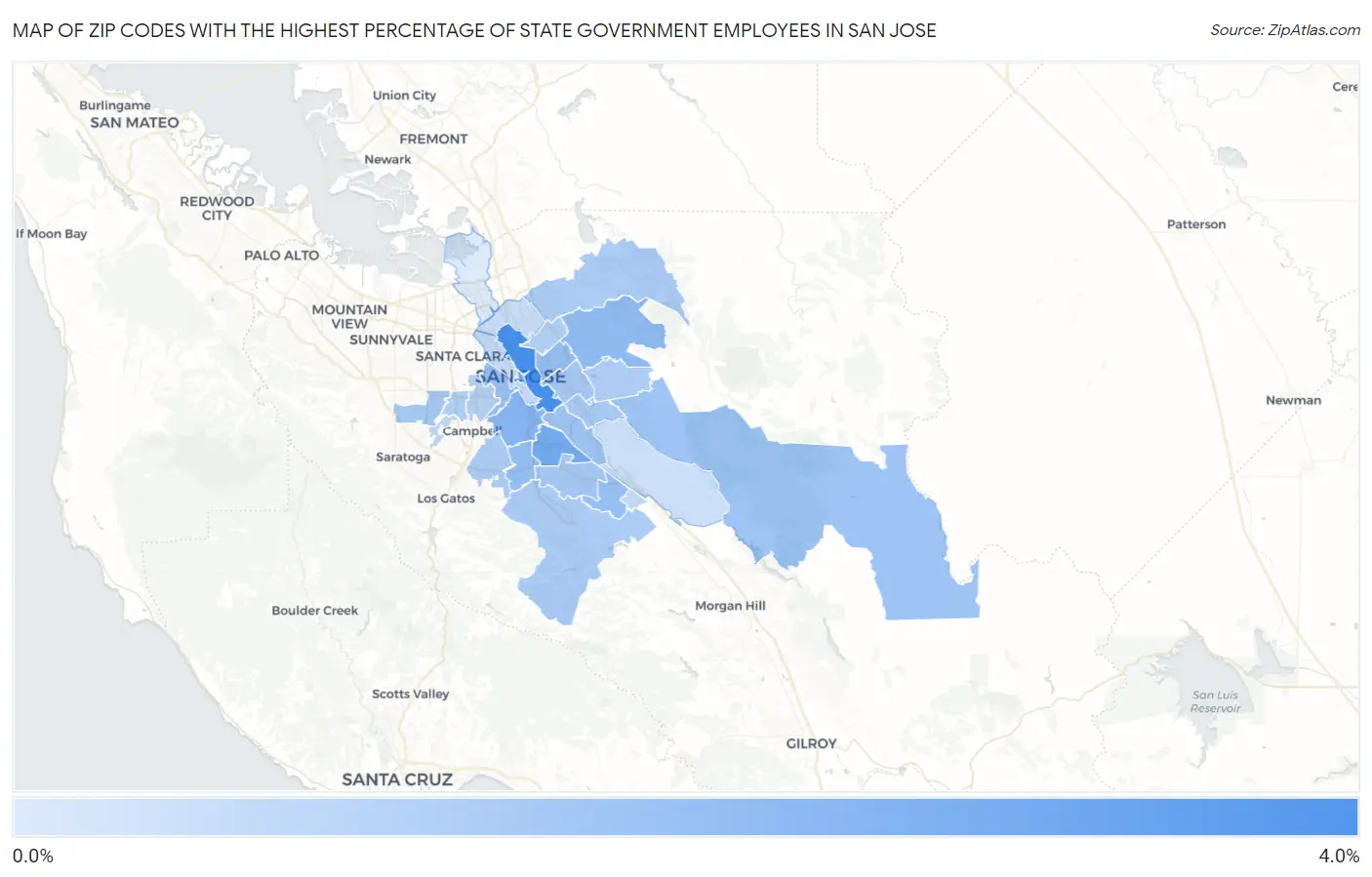 Zip Codes with the Highest Percentage of State Government Employees in San Jose Map