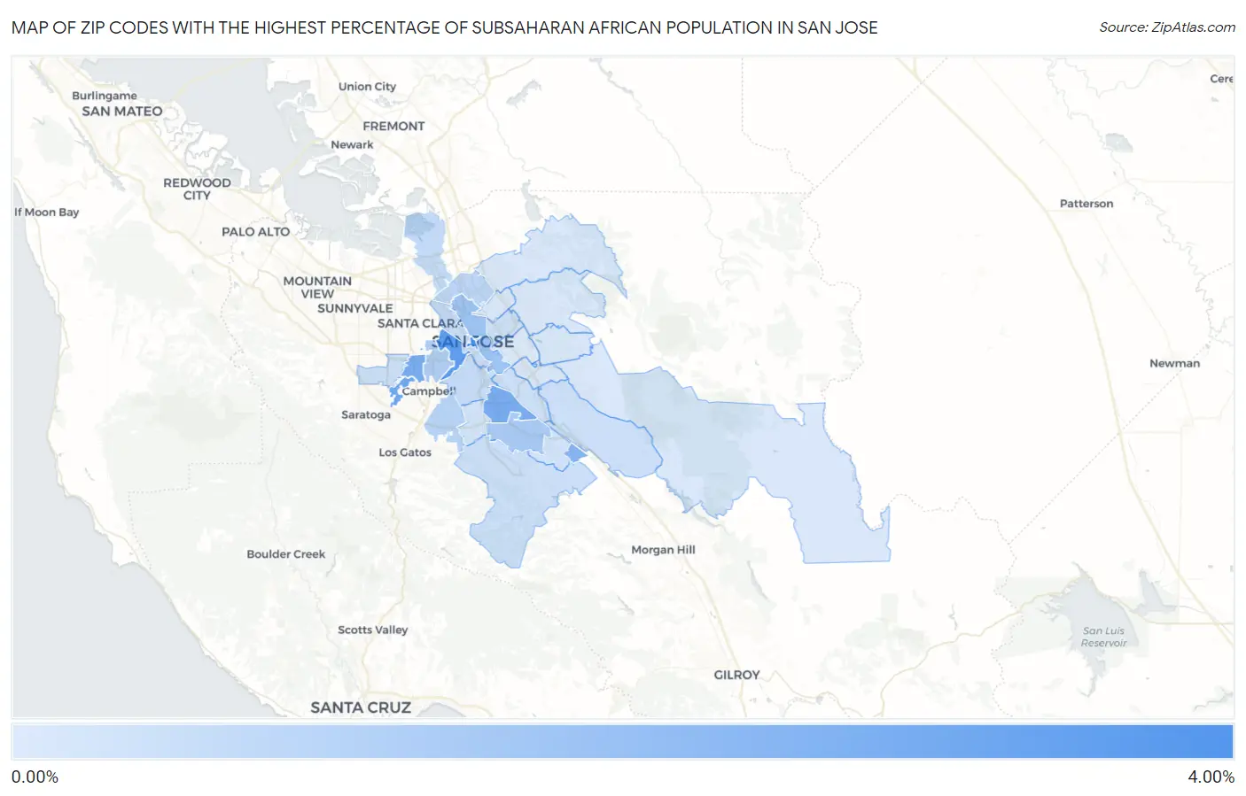Zip Codes with the Highest Percentage of Subsaharan African Population in San Jose Map