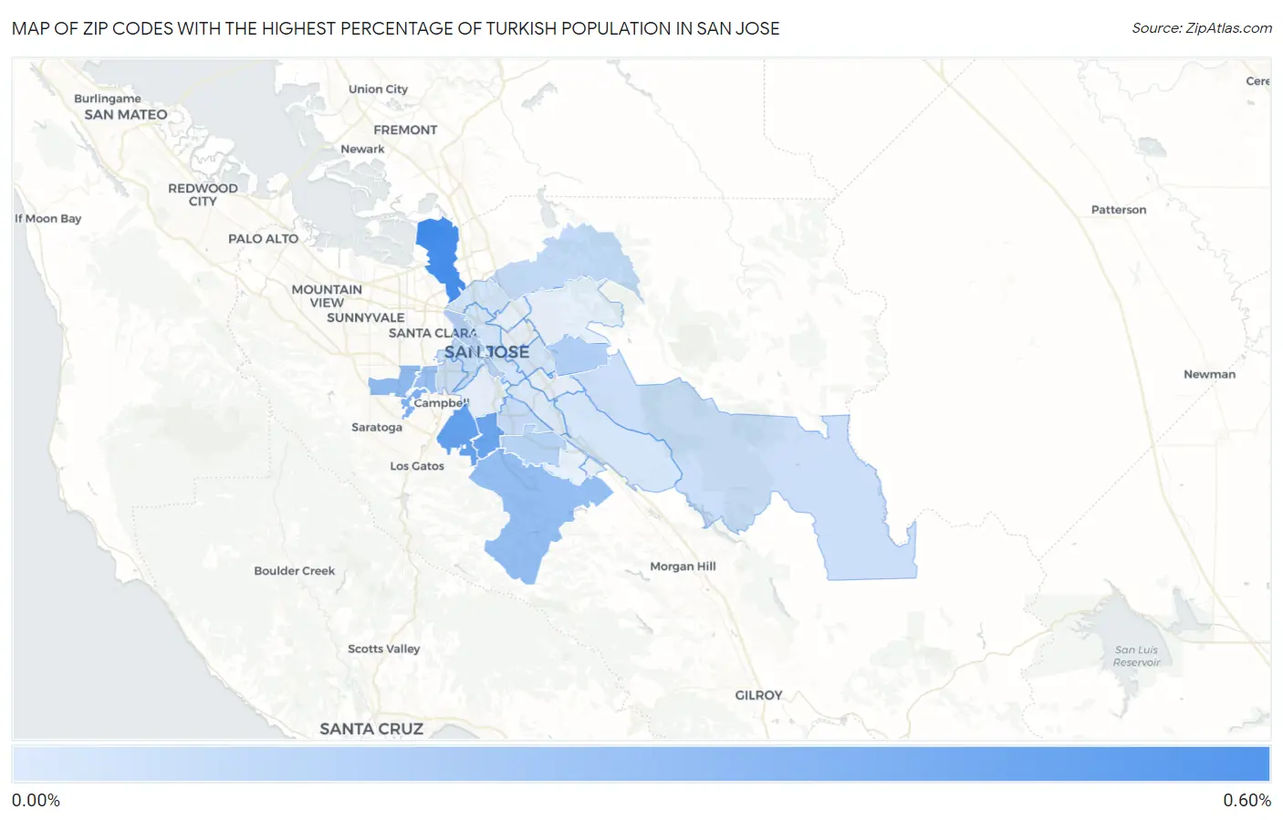 Zip Codes with the Highest Percentage of Turkish Population in San Jose Map