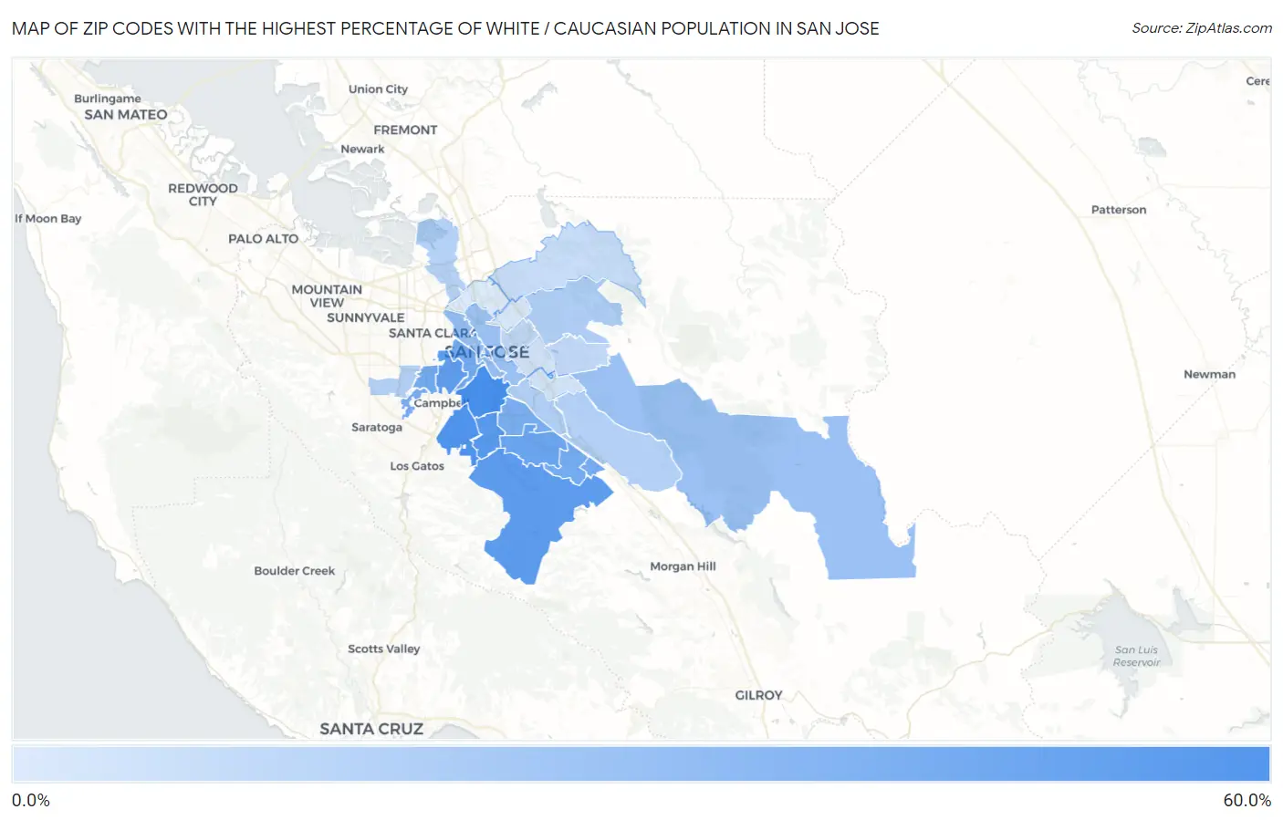 Zip Codes with the Highest Percentage of White / Caucasian Population in San Jose Map