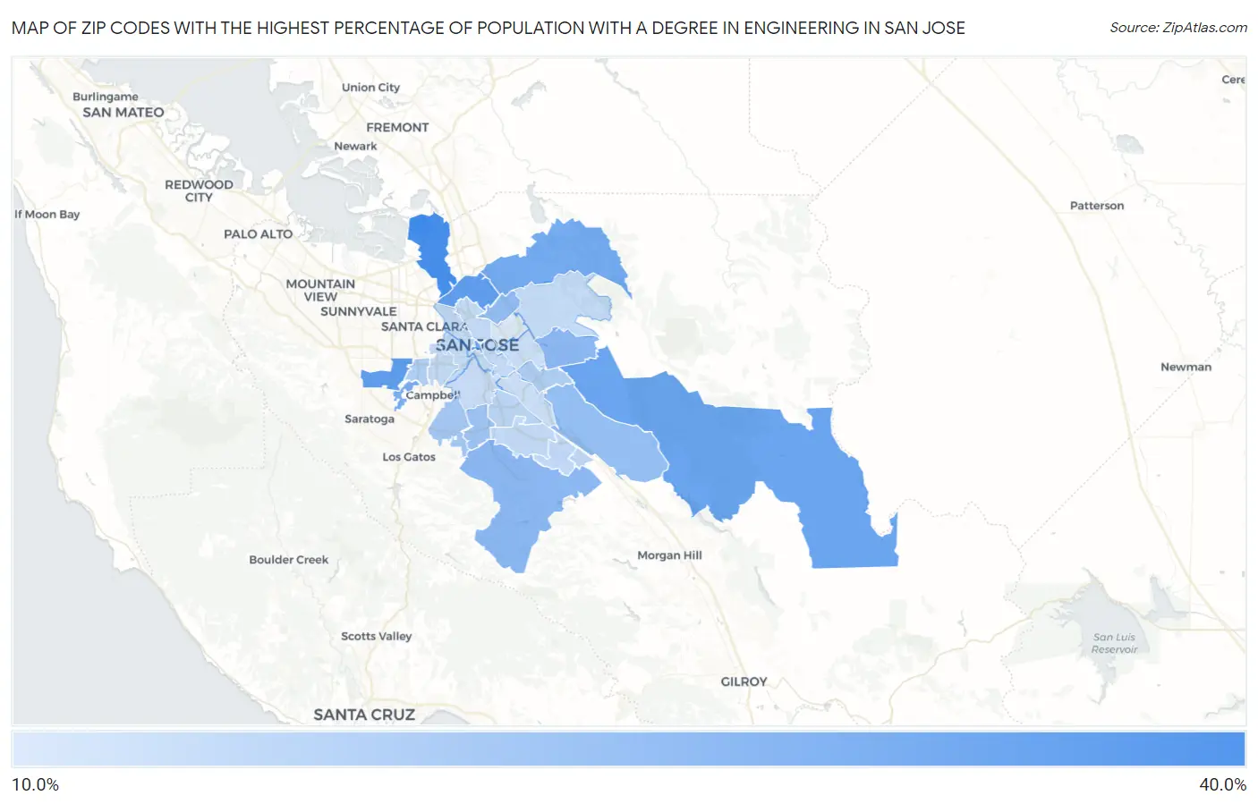 Zip Codes with the Highest Percentage of Population with a Degree in Engineering in San Jose Map