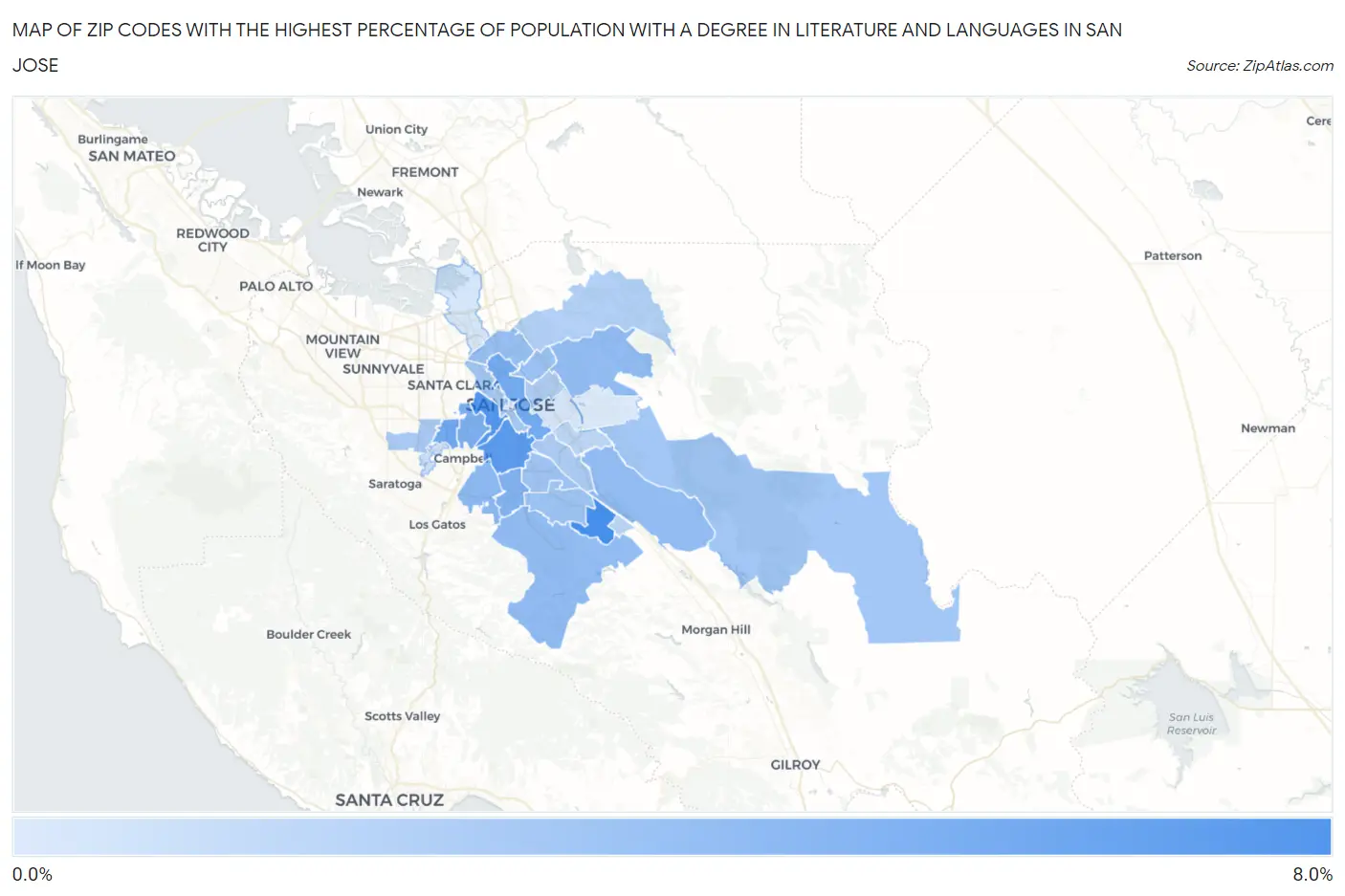 Zip Codes with the Highest Percentage of Population with a Degree in Literature and Languages in San Jose Map