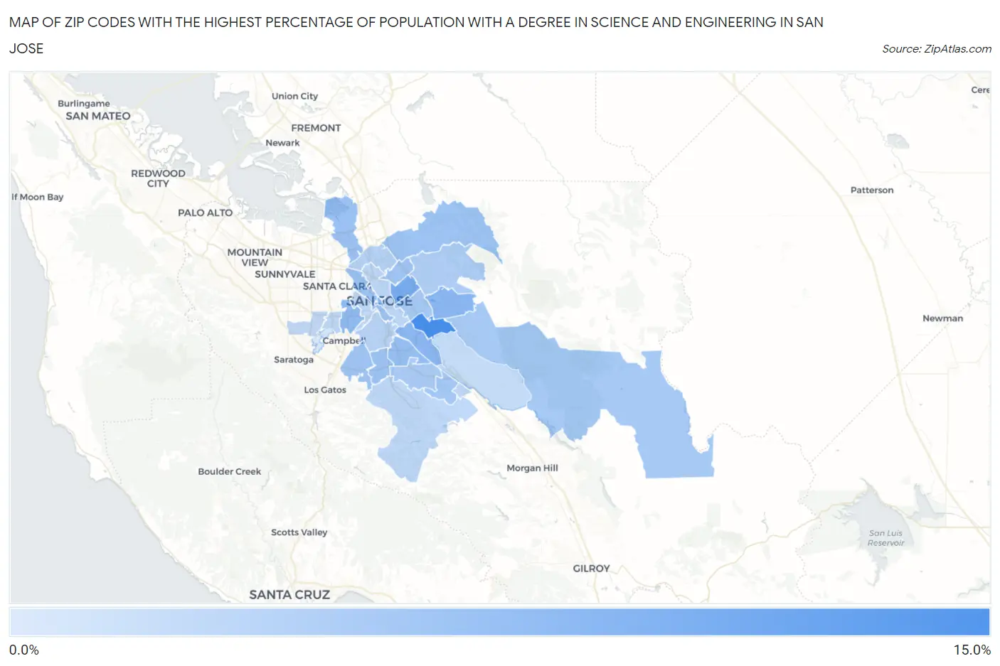 Zip Codes with the Highest Percentage of Population with a Degree in Science and Engineering in San Jose Map