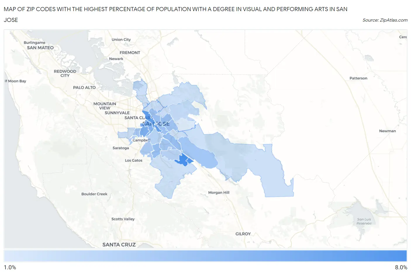 Zip Codes with the Highest Percentage of Population with a Degree in Visual and Performing Arts in San Jose Map