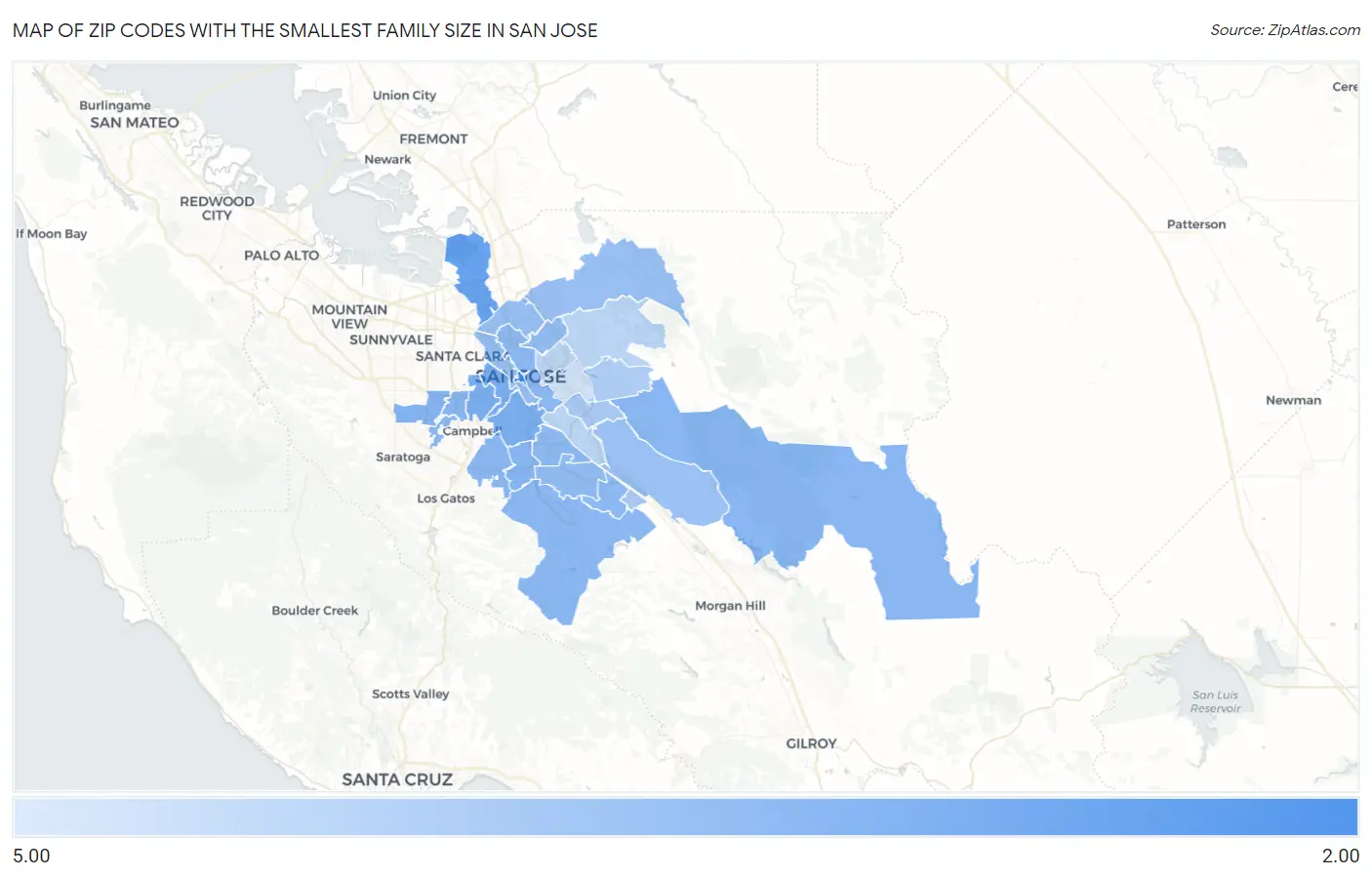 Zip Codes with the Smallest Family Size in San Jose Map