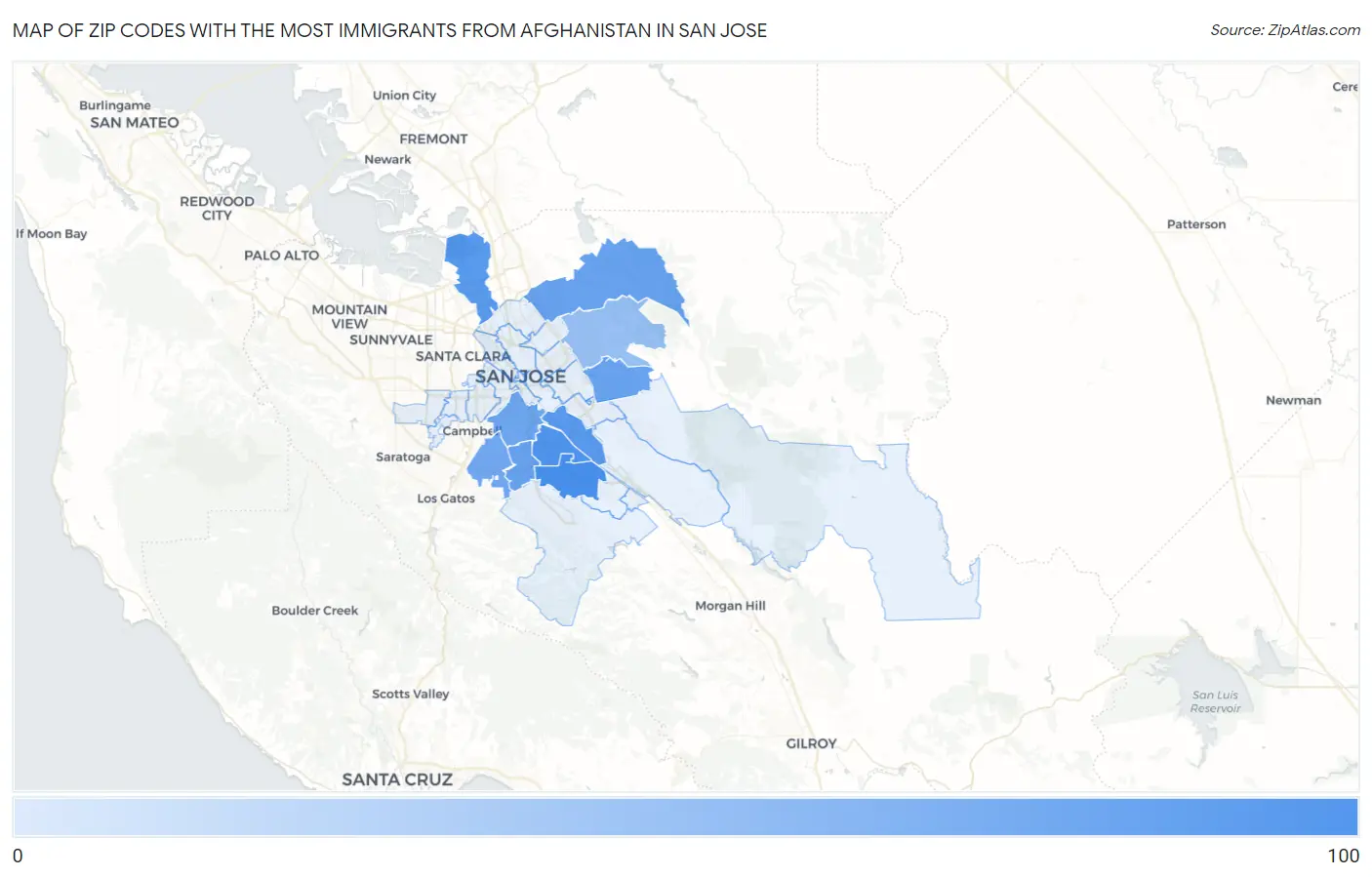 Zip Codes with the Most Immigrants from Afghanistan in San Jose Map