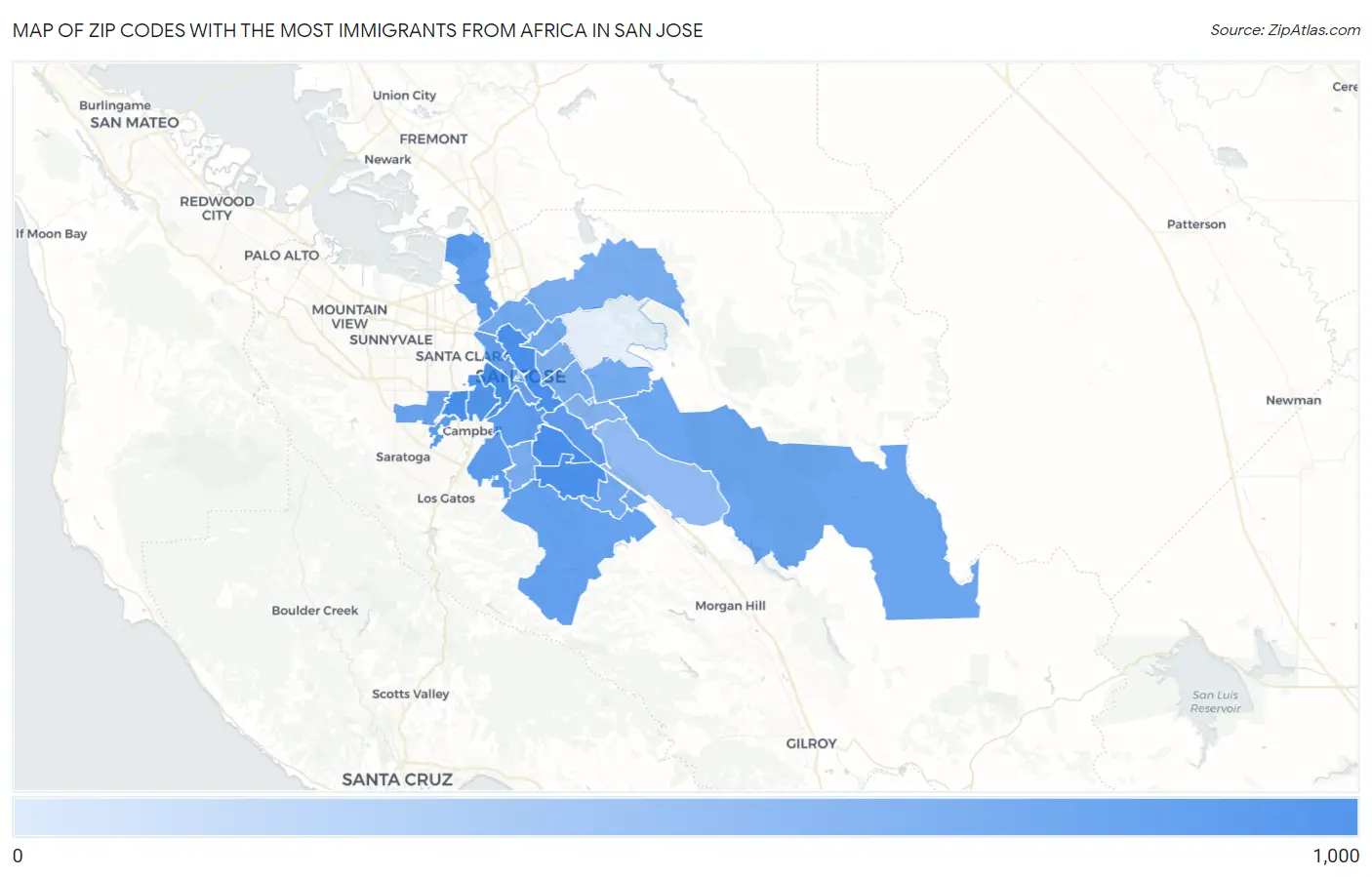 Zip Codes with the Most Immigrants from Africa in San Jose Map