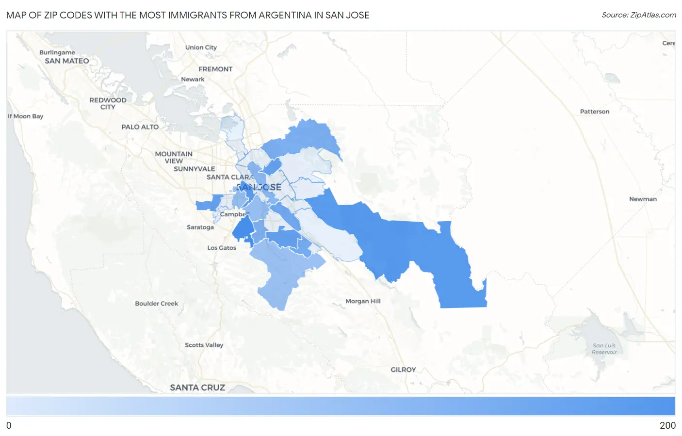 Zip Codes with the Most Immigrants from Argentina in San Jose Map