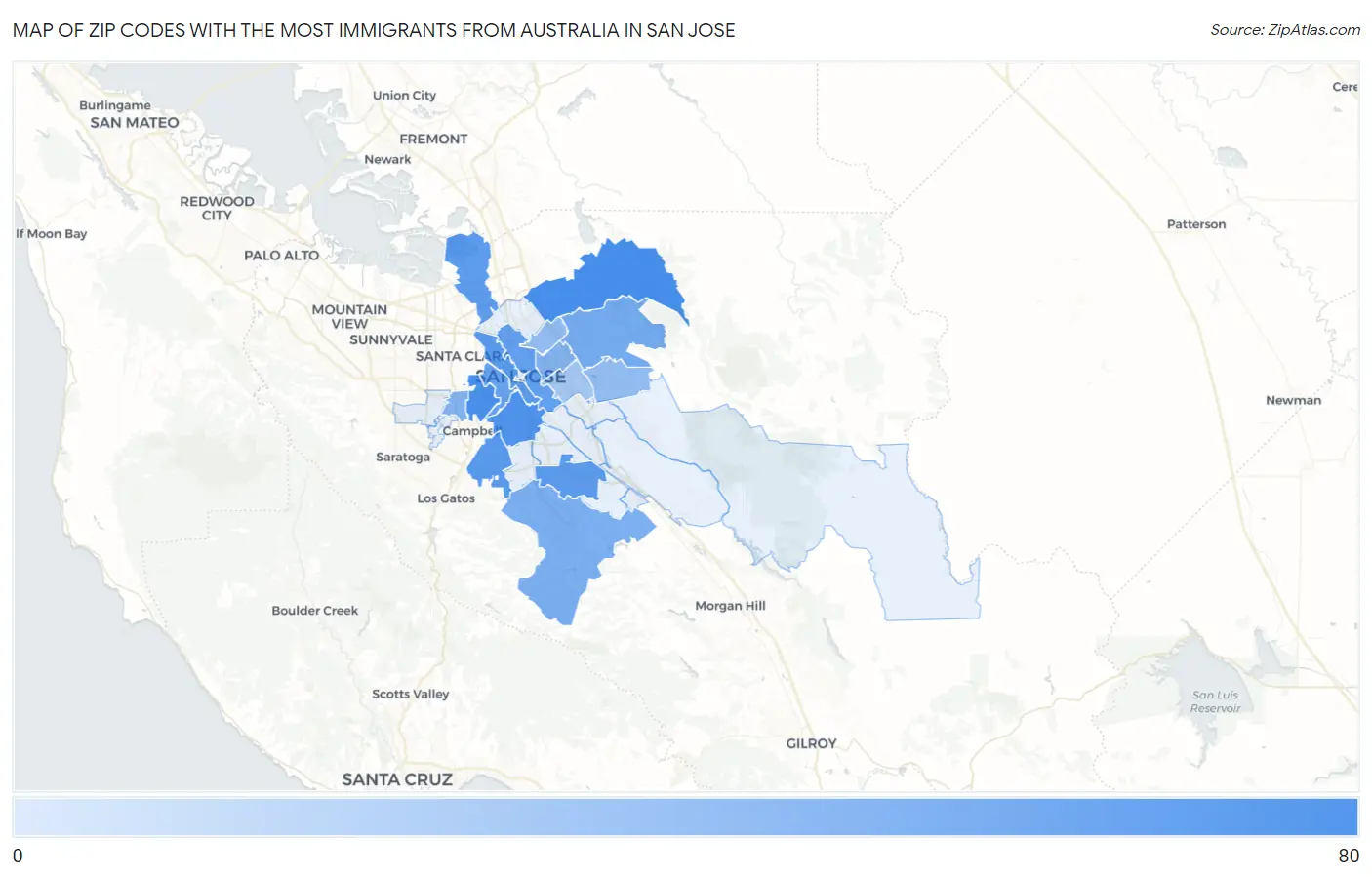 Zip Codes with the Most Immigrants from Australia in San Jose Map