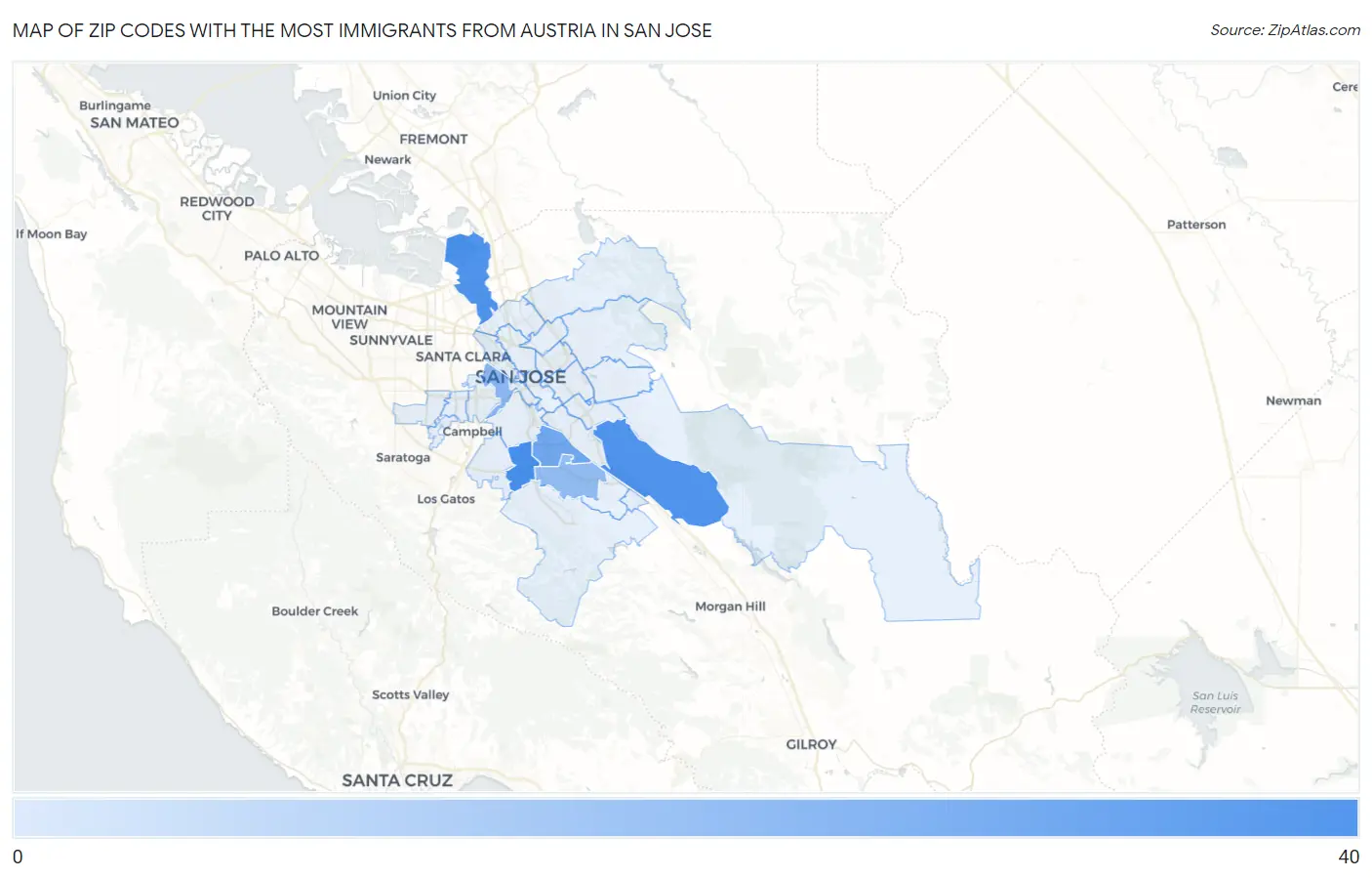 Zip Codes with the Most Immigrants from Austria in San Jose Map