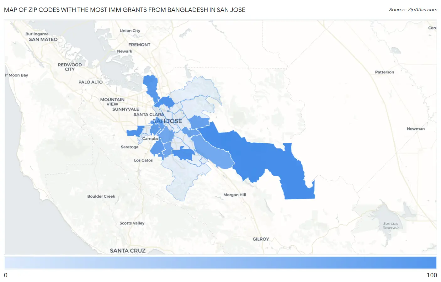 Zip Codes with the Most Immigrants from Bangladesh in San Jose Map