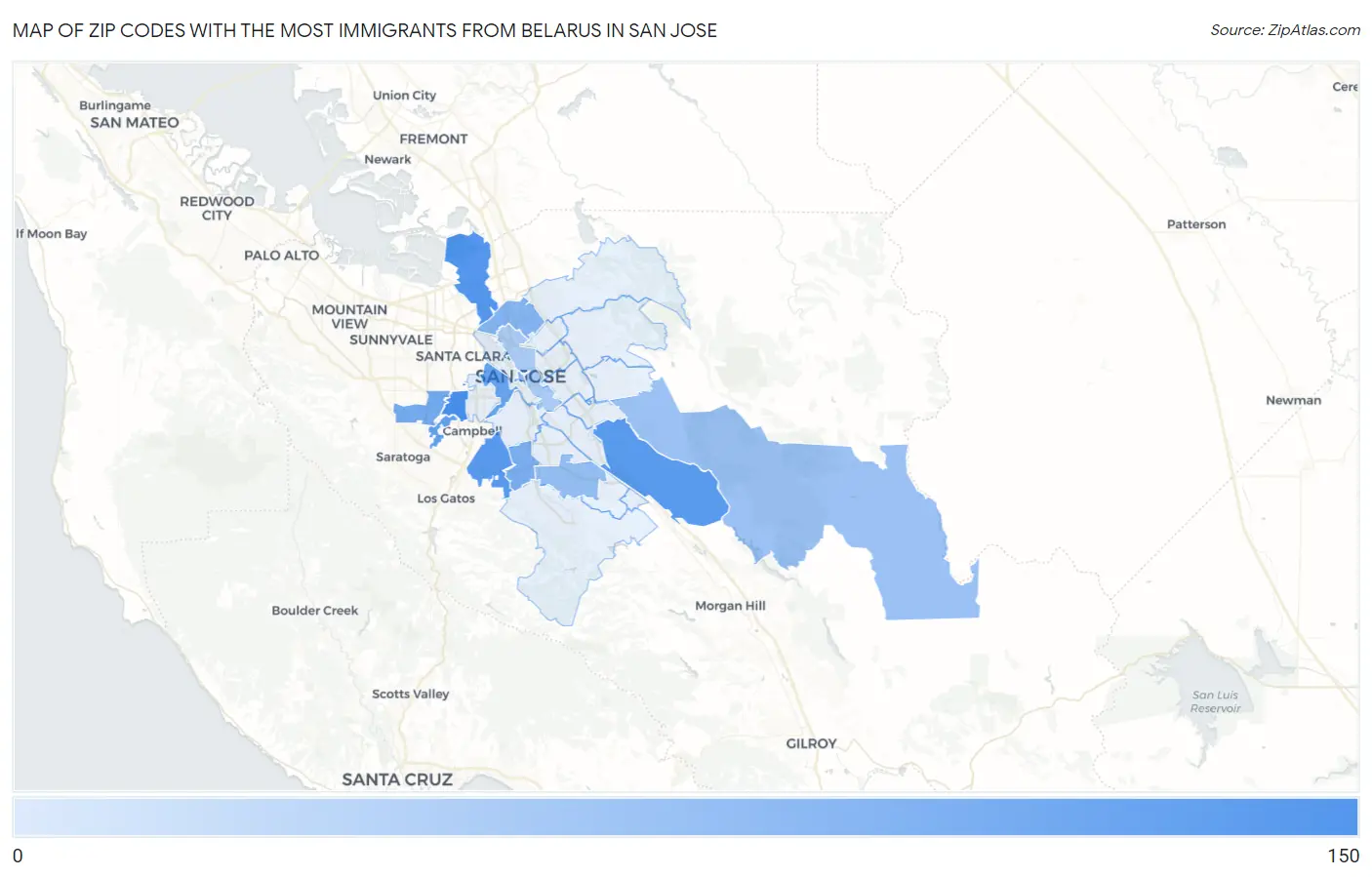 Zip Codes with the Most Immigrants from Belarus in San Jose Map
