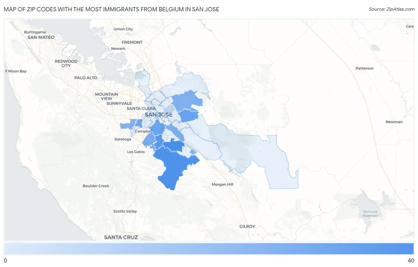 Zip Codes with the Most Immigrants from Belgium in San Jose Map