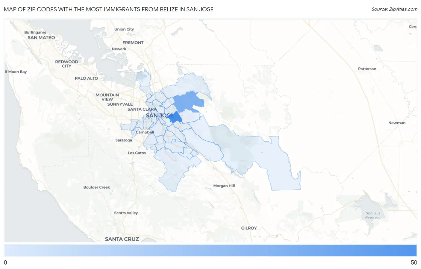 Zip Codes with the Most Immigrants from Belize in San Jose Map