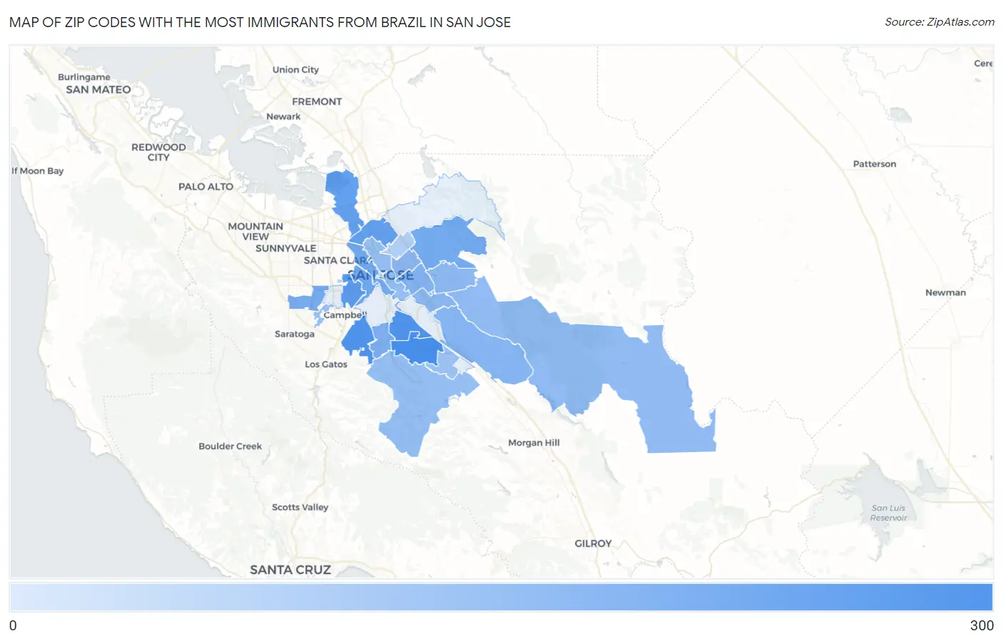 Zip Codes with the Most Immigrants from Brazil in San Jose Map