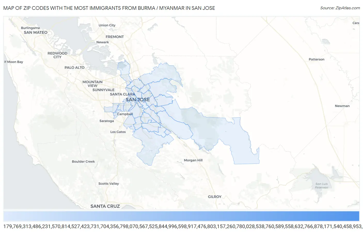 Zip Codes with the Most Immigrants from Burma / Myanmar in San Jose Map