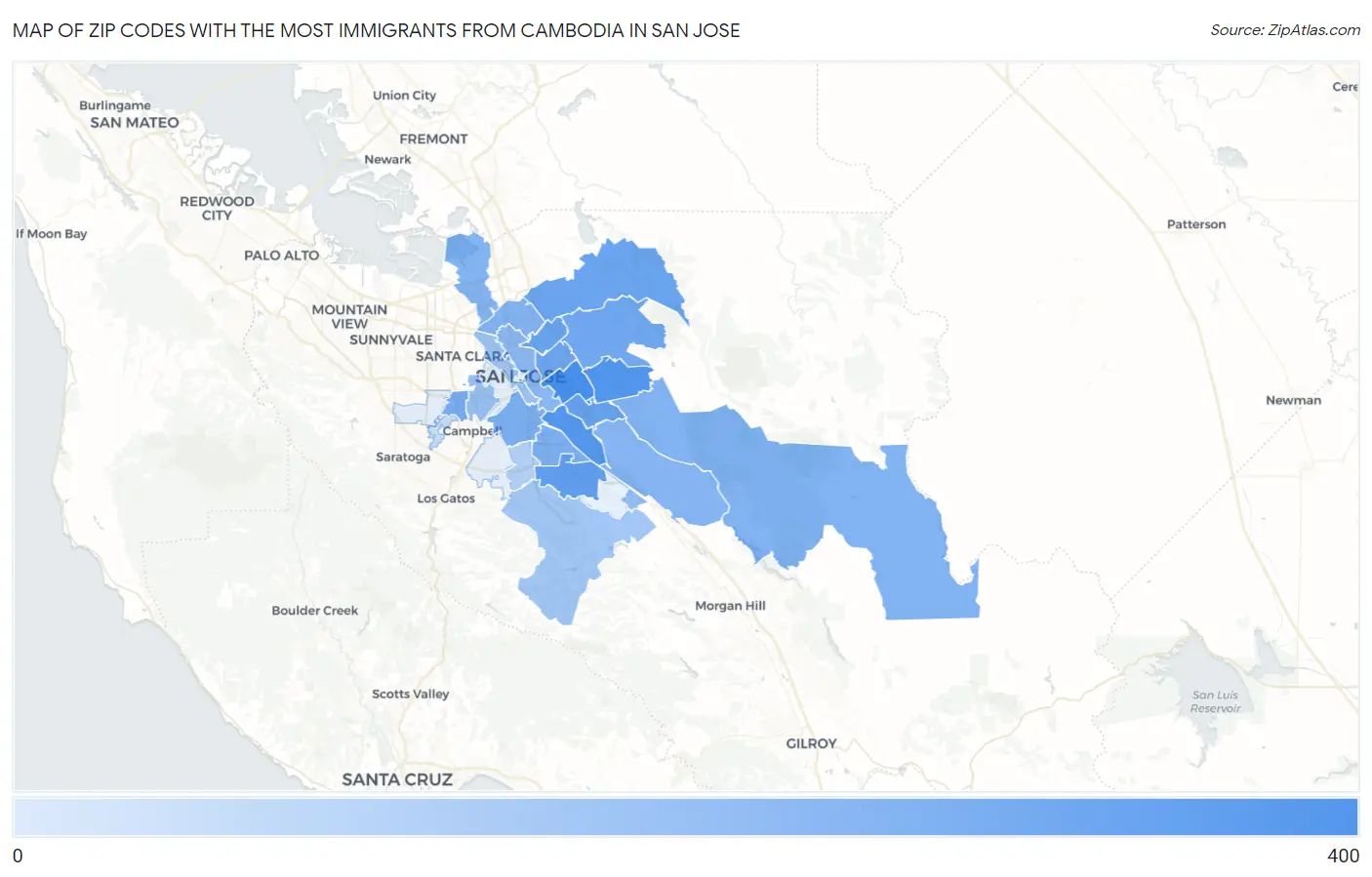 Zip Codes with the Most Immigrants from Cambodia in San Jose Map