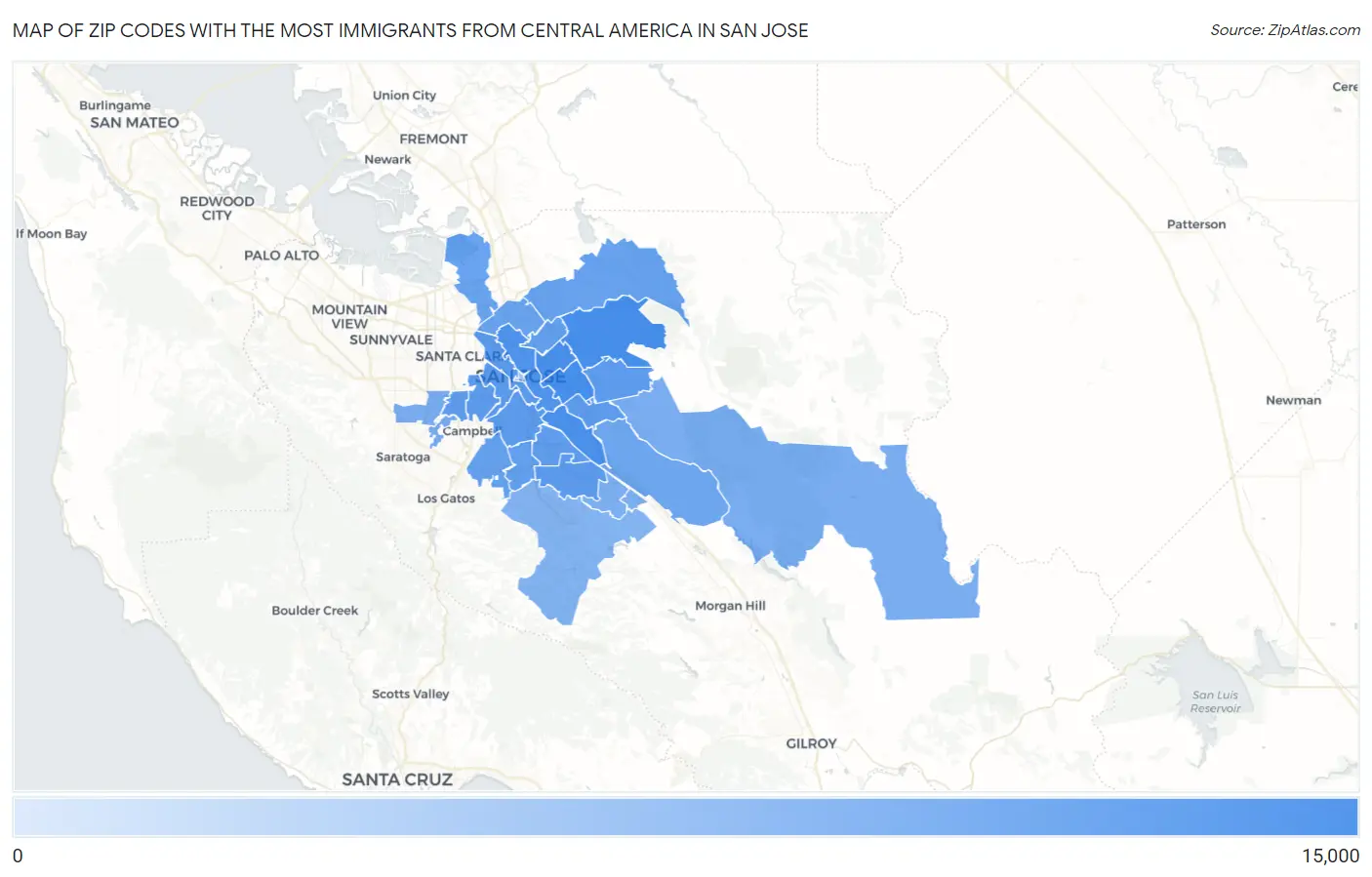 Zip Codes with the Most Immigrants from Central America in San Jose Map