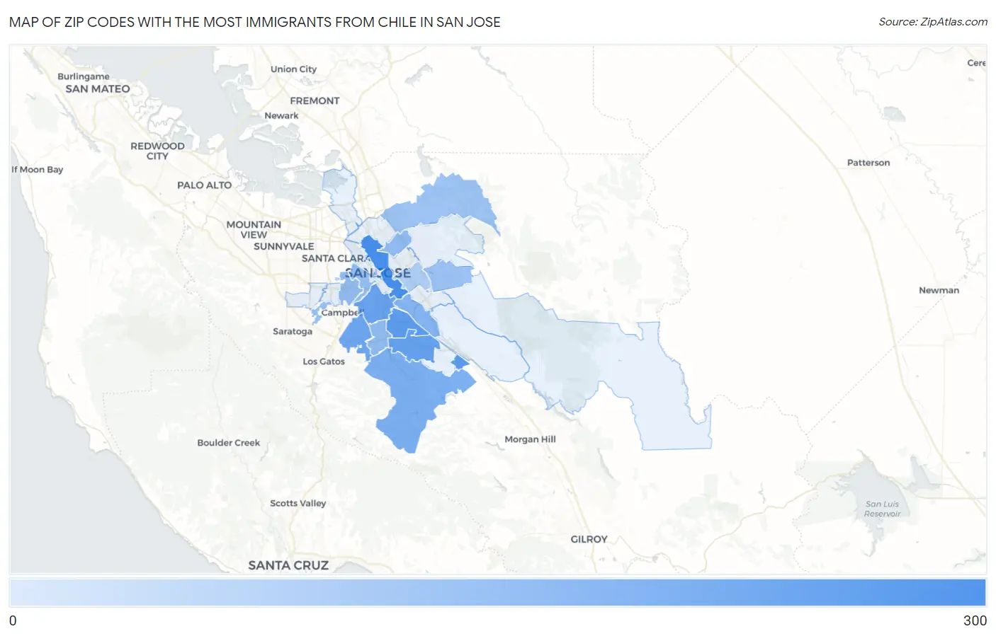 Zip Codes with the Most Immigrants from Chile in San Jose Map