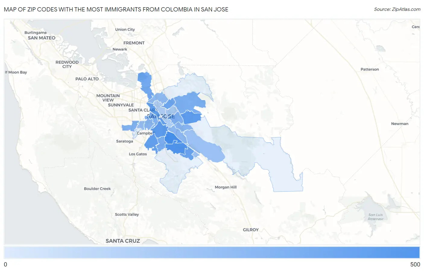 Zip Codes with the Most Immigrants from Colombia in San Jose Map