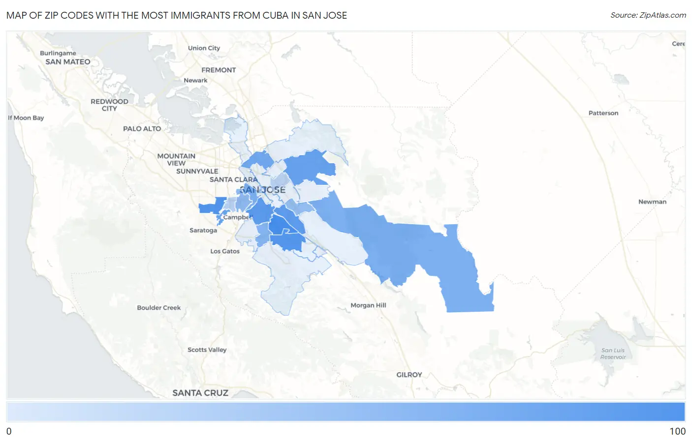 Zip Codes with the Most Immigrants from Cuba in San Jose Map