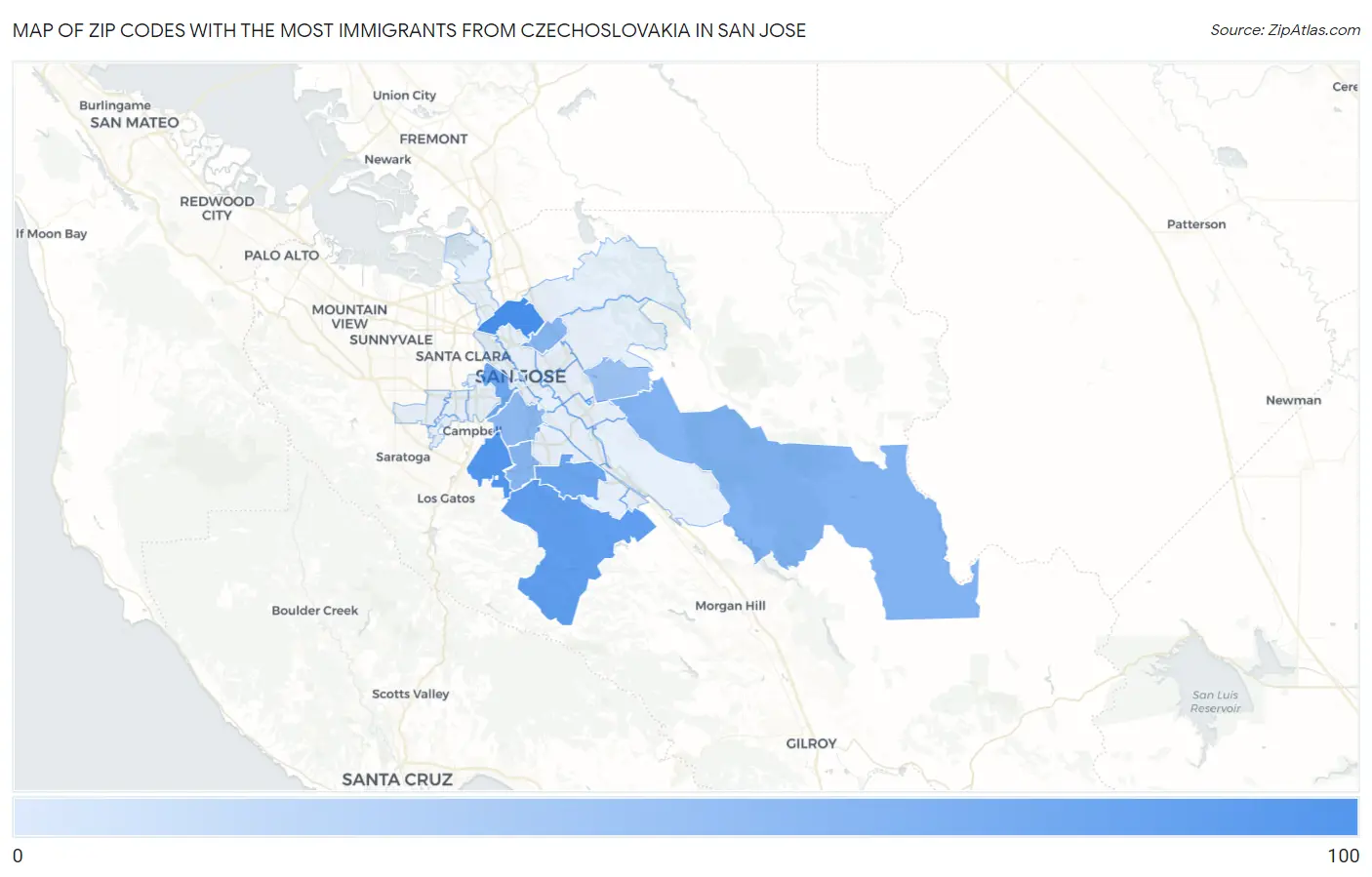 Zip Codes with the Most Immigrants from Czechoslovakia in San Jose Map
