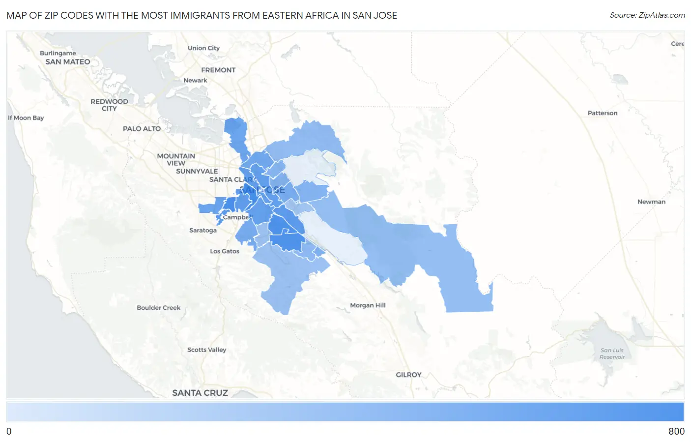 Zip Codes with the Most Immigrants from Eastern Africa in San Jose Map