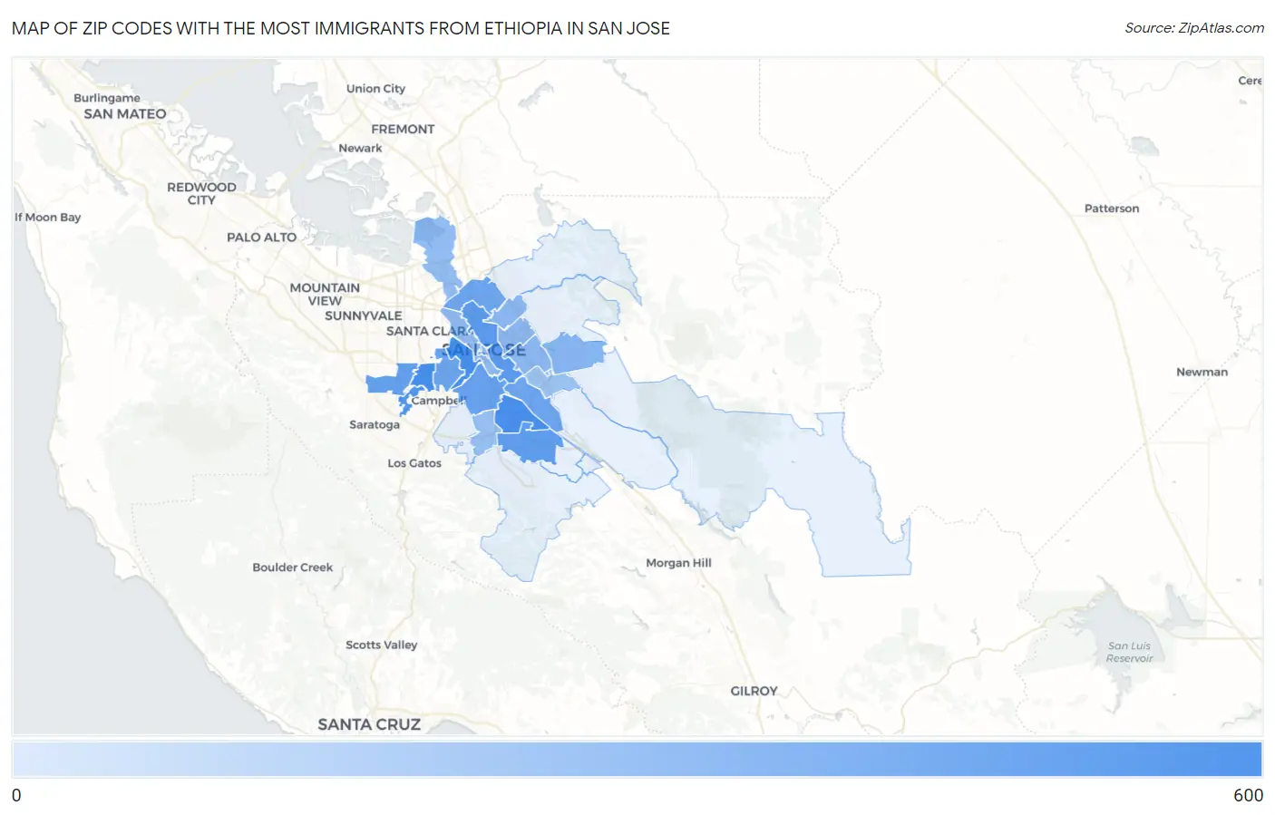 Zip Codes with the Most Immigrants from Ethiopia in San Jose Map