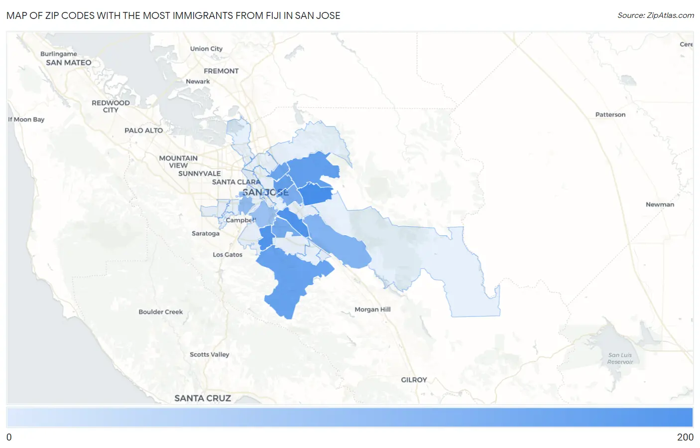Zip Codes with the Most Immigrants from Fiji in San Jose Map