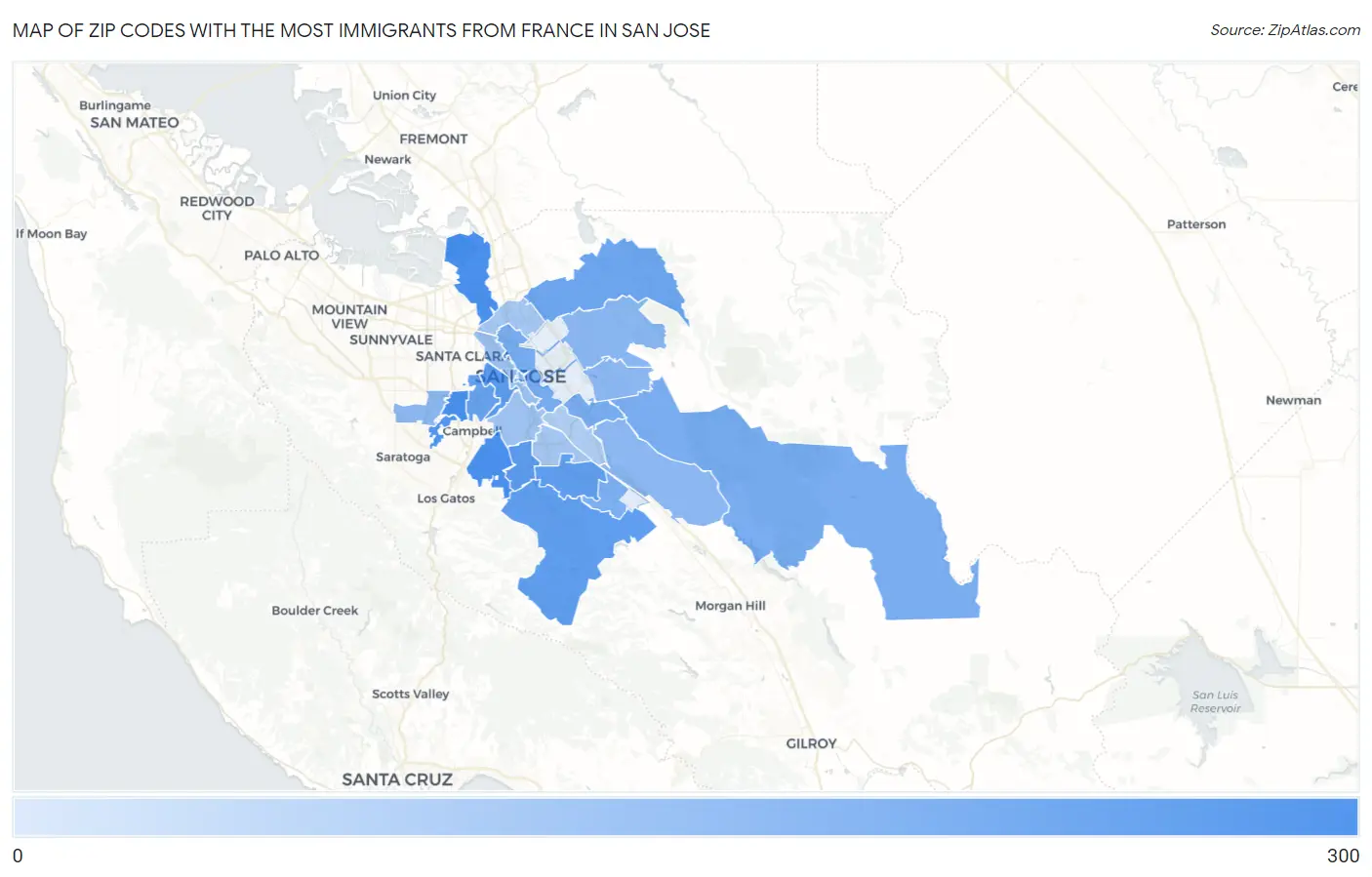 Zip Codes with the Most Immigrants from France in San Jose Map