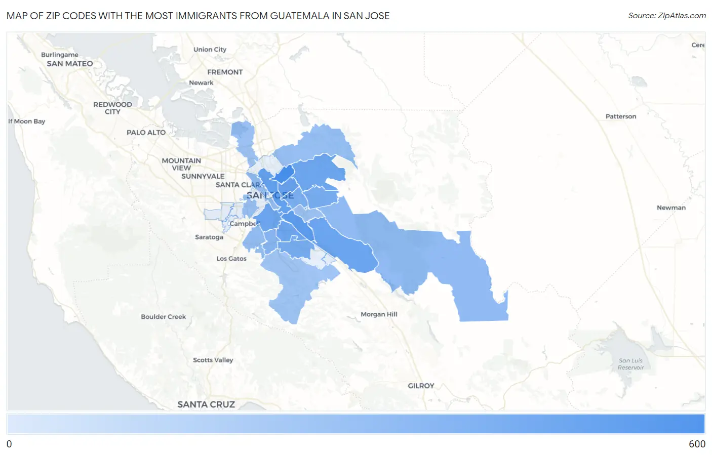 Zip Codes with the Most Immigrants from Guatemala in San Jose Map
