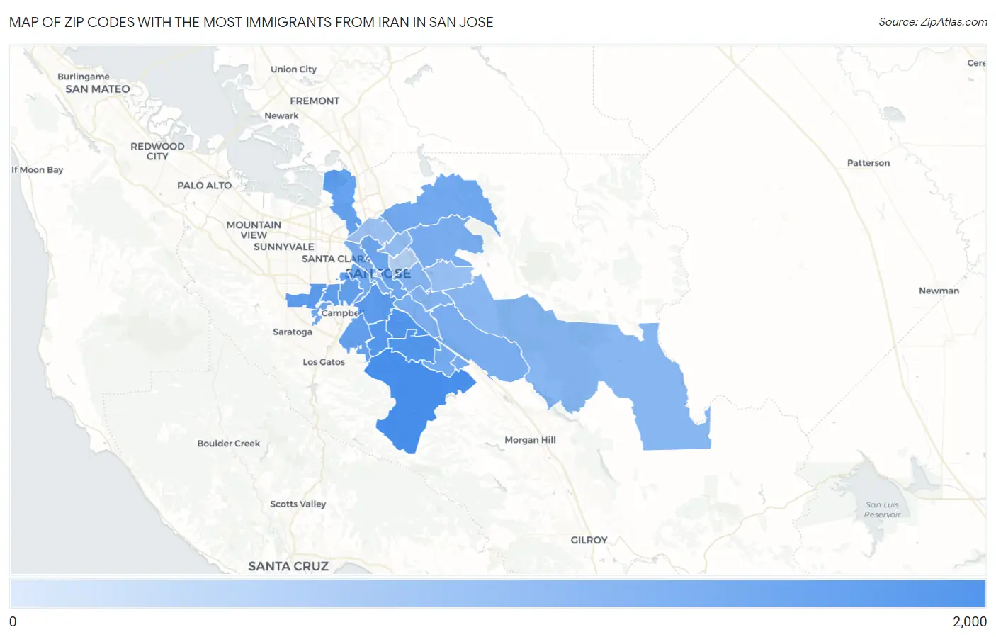 Zip Codes with the Most Immigrants from Iran in San Jose Map