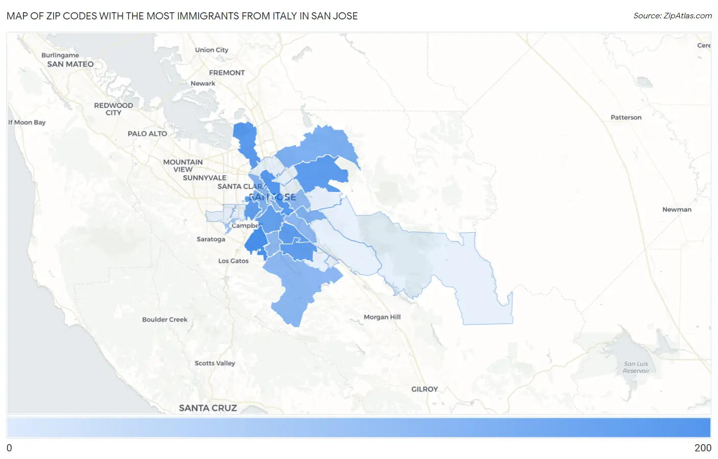 Zip Codes with the Most Immigrants from Italy in San Jose Map