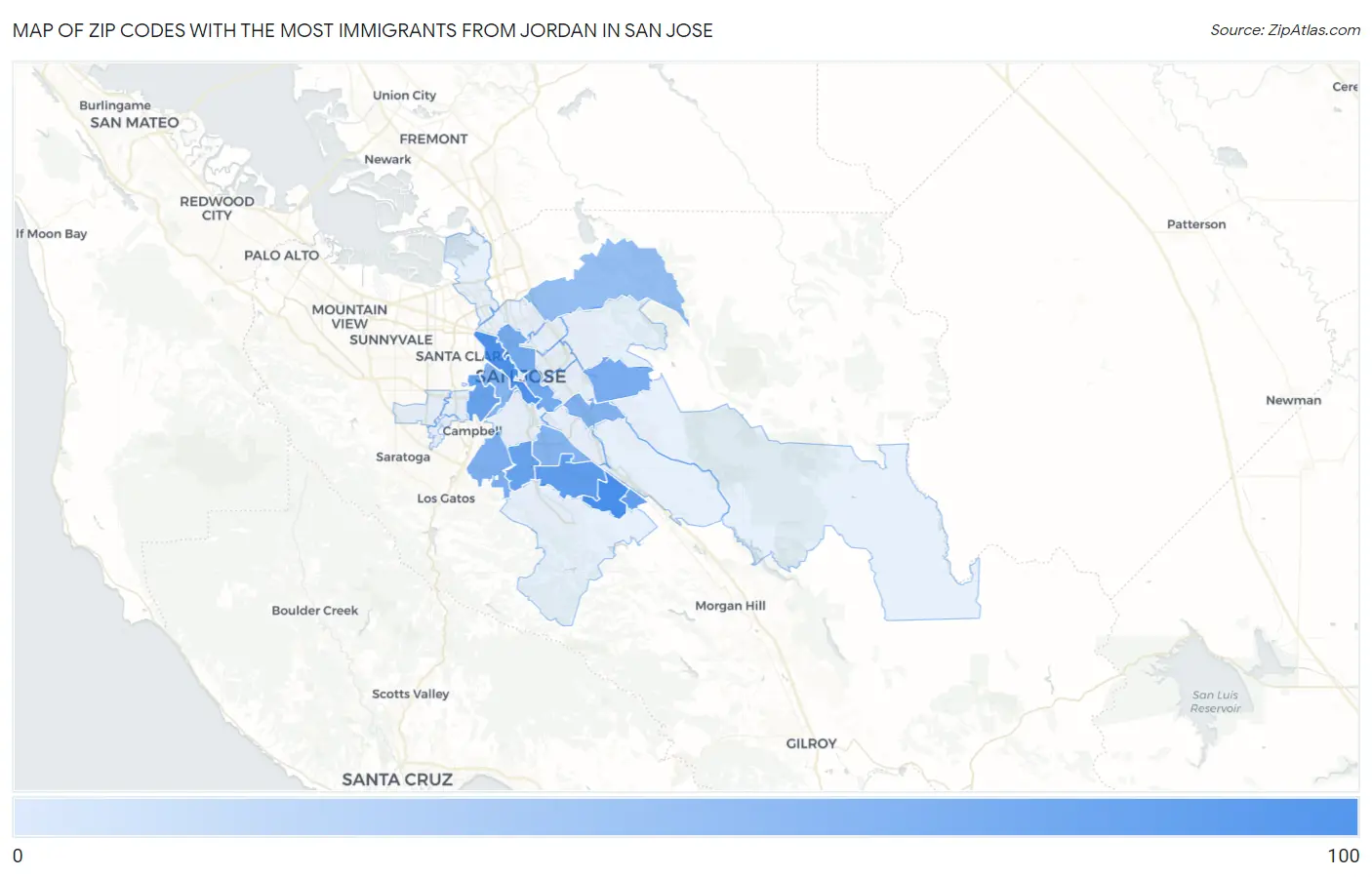 Zip Codes with the Most Immigrants from Jordan in San Jose Map