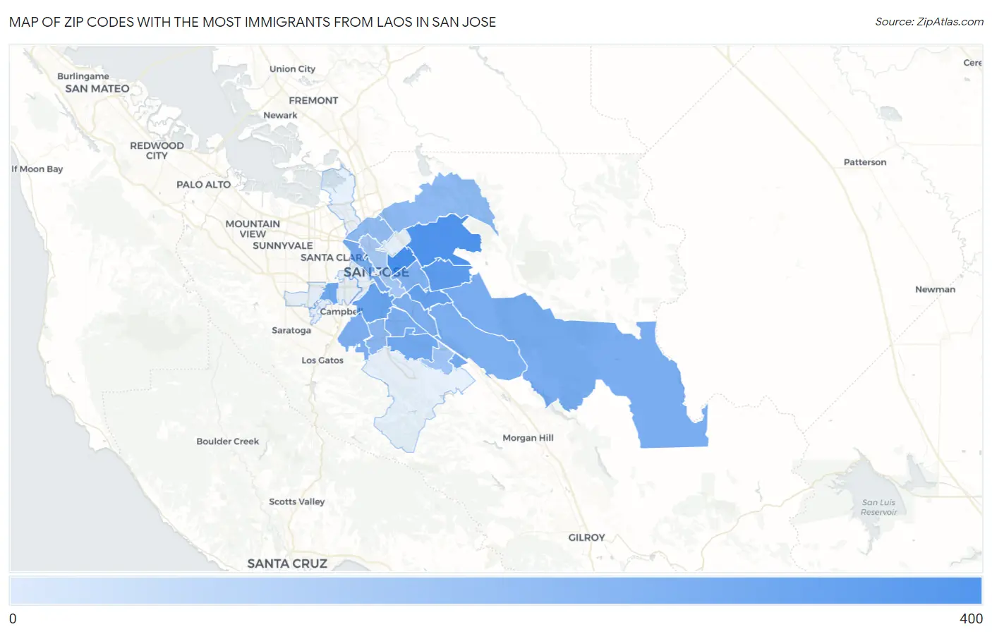 Zip Codes with the Most Immigrants from Laos in San Jose Map