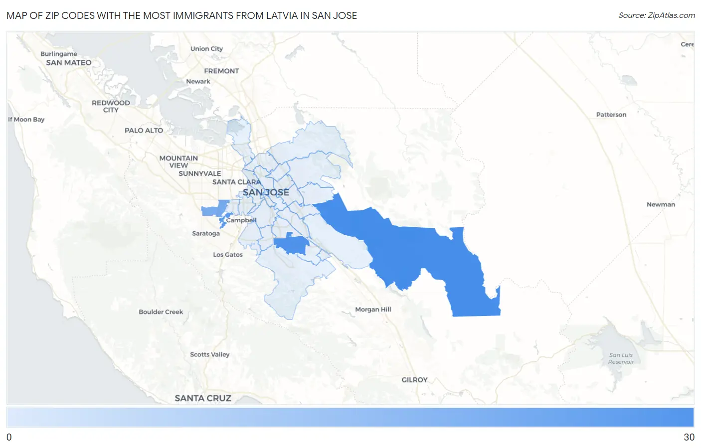 Zip Codes with the Most Immigrants from Latvia in San Jose Map