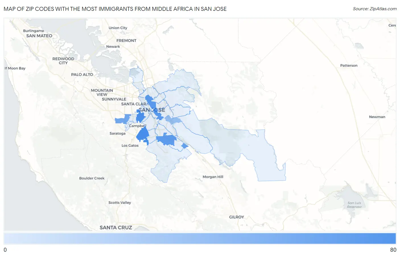 Zip Codes with the Most Immigrants from Middle Africa in San Jose Map