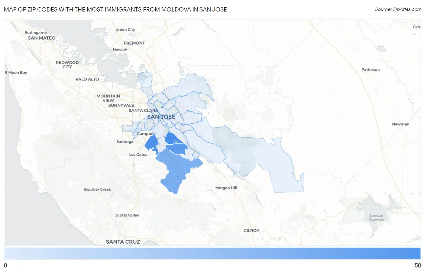 Zip Codes with the Most Immigrants from Moldova in San Jose Map
