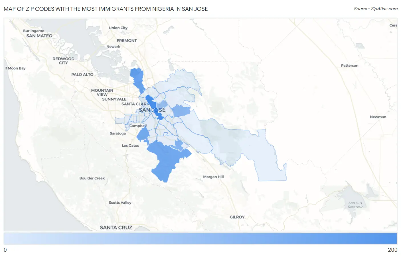 Zip Codes with the Most Immigrants from Nigeria in San Jose Map