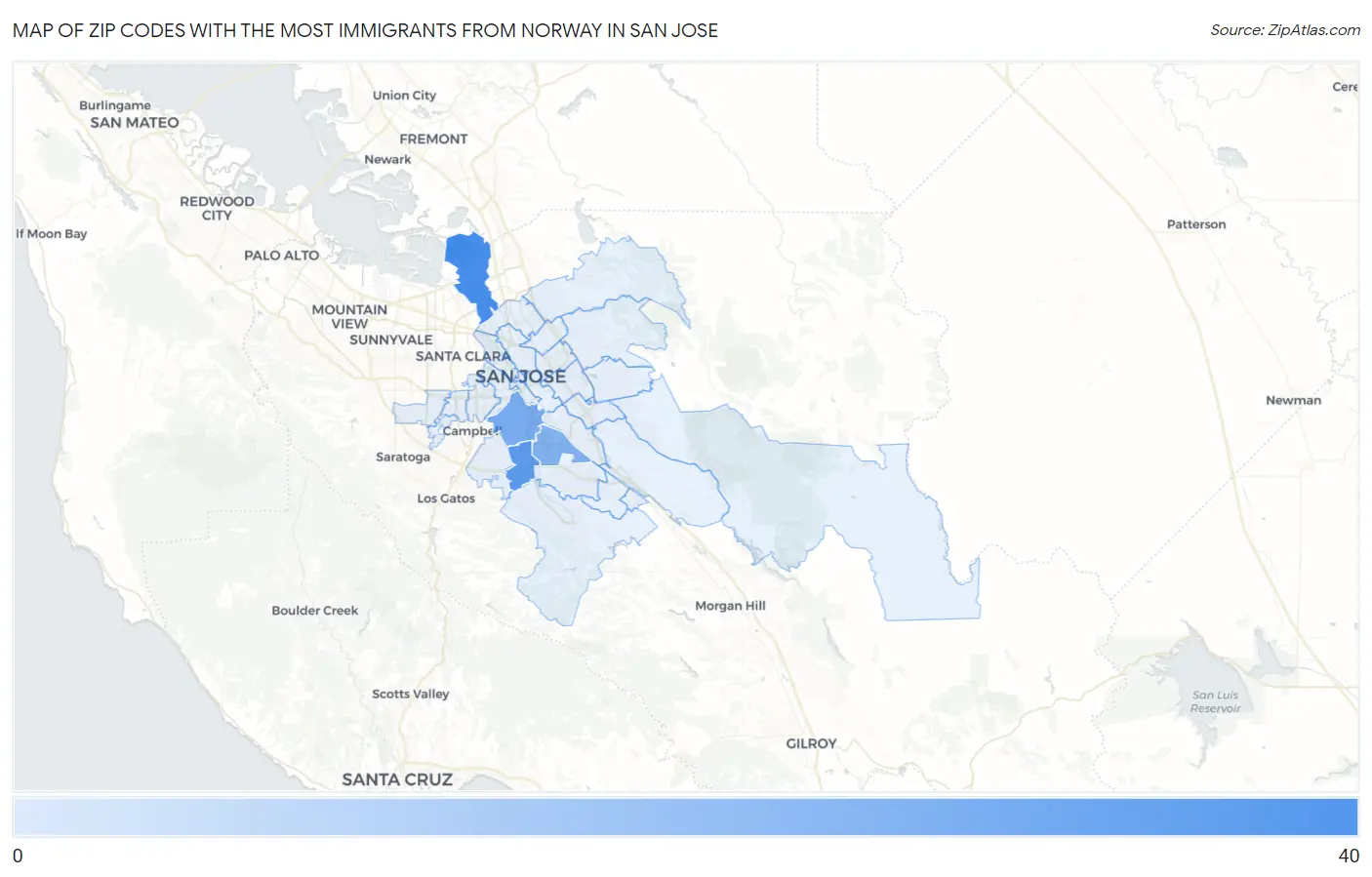 Zip Codes with the Most Immigrants from Norway in San Jose Map